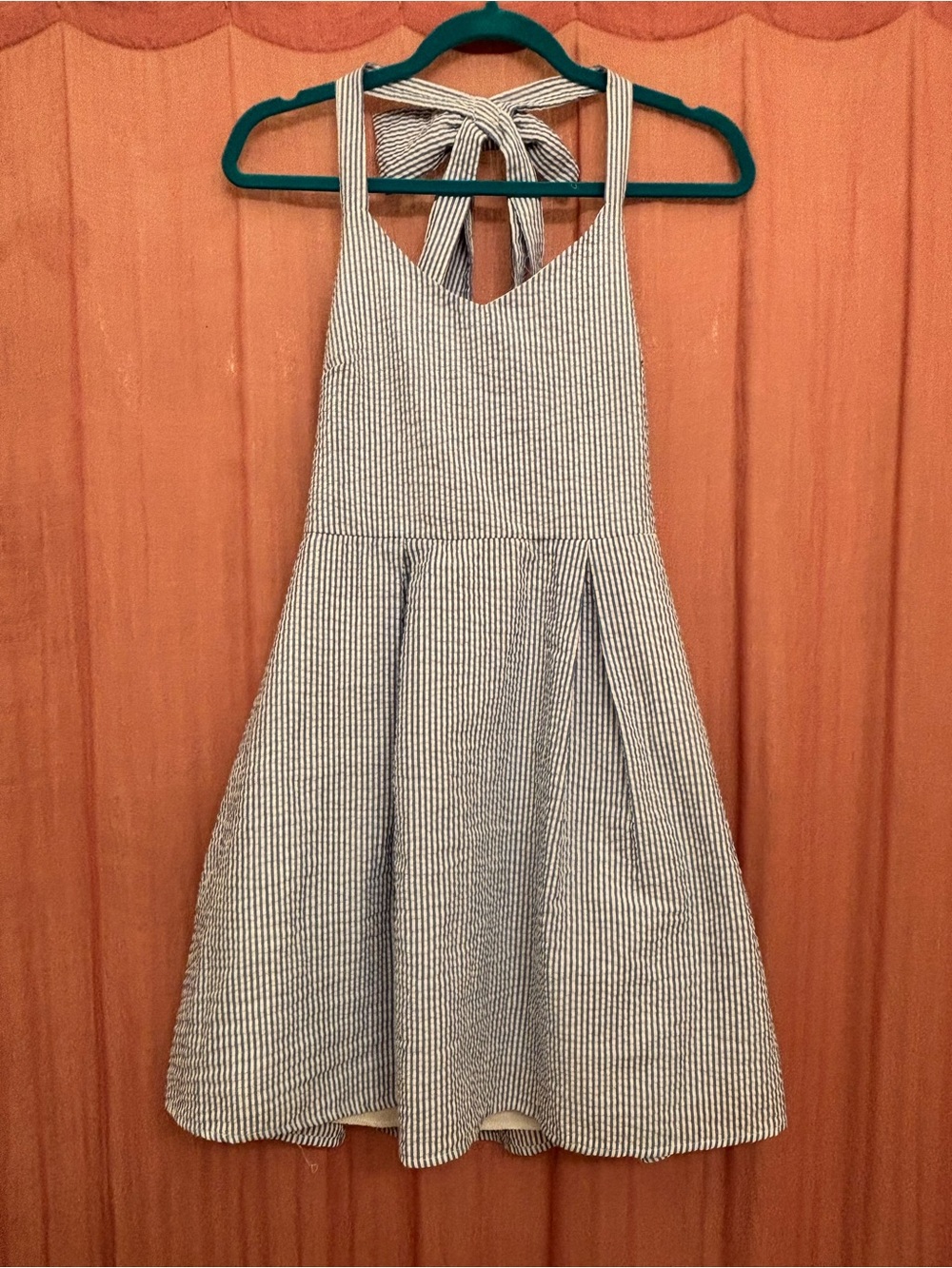 Peach Love California Blue & White Seersucker Tie-Back Sundress